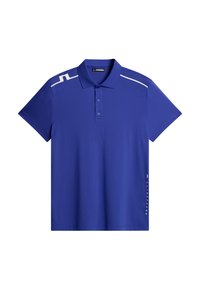 Blue polo shirt with a collared neck, short sleeves, featuring white accents on the shoulders and side logo detailing. Smooth texture.