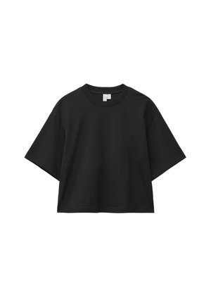 Sort croppet T-shirt lavet af bomuld, med rund halsudskæring og korte, brede ærmer. Glat tekstur, minimalistisk design.