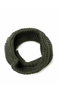 Sciarpa infinita lavorata a maglia di colore verde scuro con una texture a coste e un design a ciclo continuo, che offre calore e copertura per il collo.