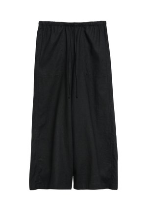 Black wide-leg pants with elastic waistband and front drawstring, featuring two front patch pockets.