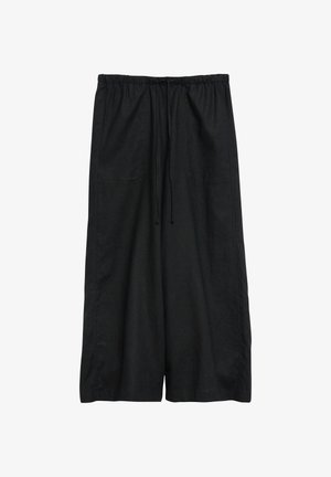 Pantaloni neri a gamba larga con vita elastica e coulisse frontale, con due tasche applicate anteriori.