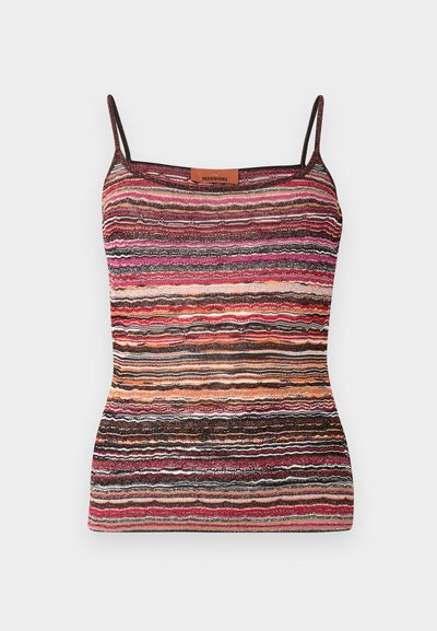 Bikini tops ar daudzkrāsainām horizontālām svītrām rozā, oranžā un melnā krāsā. Mīksts trikotāžas materiāls, šaura piegriezuma un vienkārša melna etiķete.