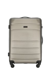 Hard-shell suitcase in metallic silver with textured surface, horizontal grooves, black wheels, and handle. Brand logo is prominently displayed.