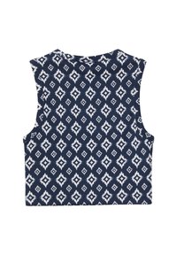 Marineblaues Cropped-Top mit weißem Diamantmuster, ärmelloses Design, strukturierter Stoff und rundem Ausschnitt.