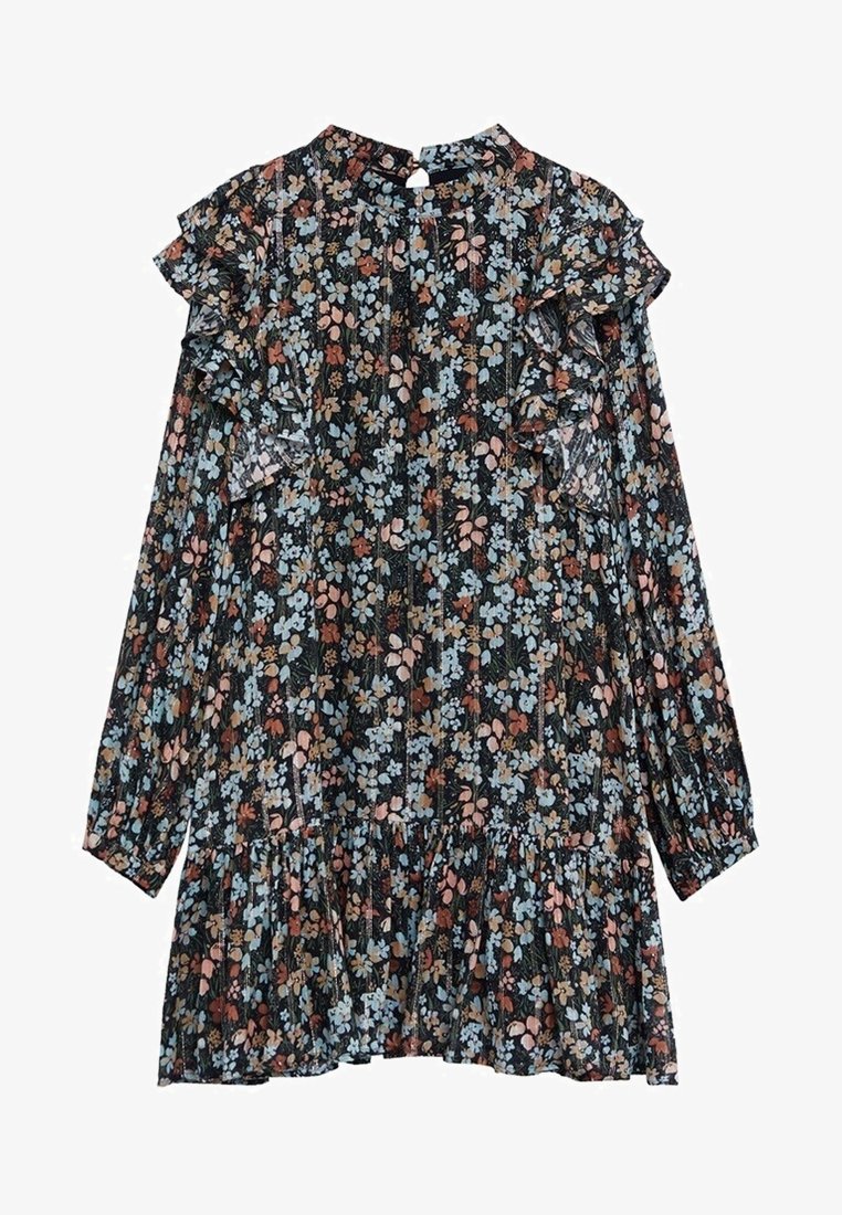 Svart blommig klänning med långa ärmar, volangdetaljer och utsvängd nederdel. Har rosa, blå och gröna botaniska mönster på en mörk bakgrund.