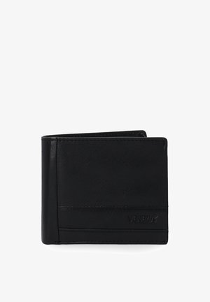Schwarze Leder-Bifold-Geldbörse mit glatter Oberfläche, versehen mit gesteppten Kanten und einem dezenten Logo auf der Vorderseite. Kompaktes Design mit mehreren Kartenfächern.