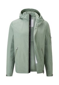 Light green hooded jacket with a smooth, water-resistant fabric. Features zippered pockets, a full front zipper, and adjustable hood.
