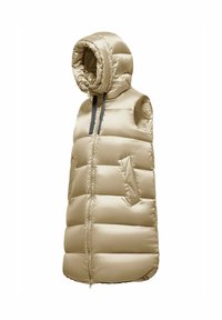 Beige gewatteerde mouwloze puffer vest met capuchon, voorzien van een voorrits, zijzakken en een glanzende afwerking.