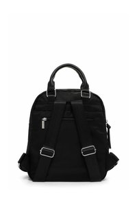 Black nylon backpack with dual handles, adjustable straps, front zip pocket, and silver hardware accents. Smooth texture, minimalist design.