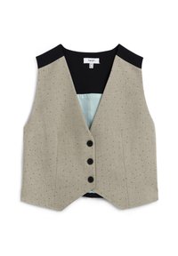 Beige vest met een gestippeld patroon, zwarte afwerking en een lichtblauwe voering. Heeft vier zwarte knopen aan de voorkant en een getailleerde uitstraling.