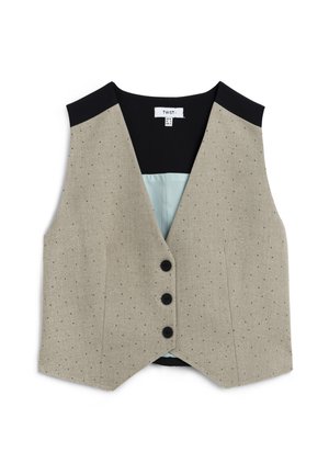 Beige vest met een gestippeld patroon, zwarte afwerking en een lichtblauwe voering. Heeft vier zwarte knopen aan de voorkant en een getailleerde uitstraling.