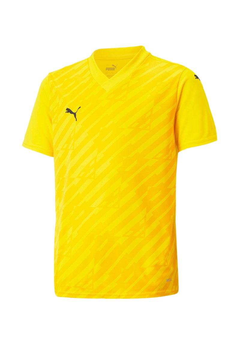 Geel sportshirt met V-hals, voorzien van een diagonaal gestreept patroon en een zwart logo op de borst. Gemaakt van lichtgewicht, ademend materiaal.