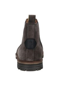 Suede-graue Stiefelette mit schwarzem Akzent am Fersenriegel. Verfügt über ein strukturiertes Obermaterial, eine abgerundete Zehenpartie und eine robuste Gummisohle.