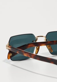 Ochelari de soare cu ramă din scoică țestoasă, lentile de culoare verde închis și accente aurii. Au lentile pătrate și un design distinctiv al podului.