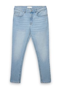 Jeans in denim azzurro chiaro con una vestibilità slim, design a cinque tasche, chiusura frontale con bottoni e dettagli scoloriti sottili sulle gambe.