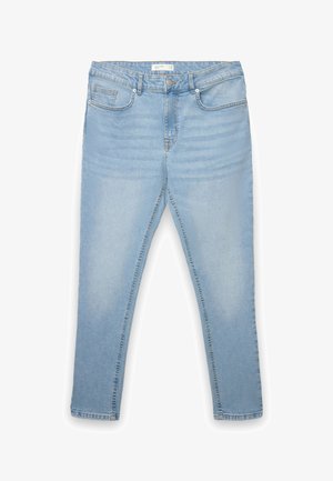 Jeans in denim azzurro chiaro con una vestibilità slim, design a cinque tasche, chiusura frontale con bottoni e dettagli scoloriti sottili sulle gambe.