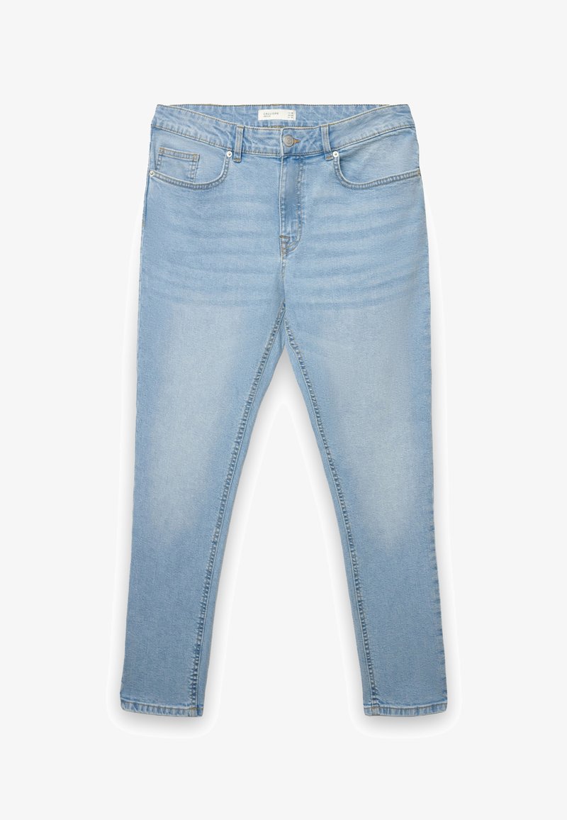 Jeans in denim azzurro chiaro con una vestibilità slim, design a cinque tasche, chiusura frontale con bottoni e dettagli scoloriti sottili sulle gambe.