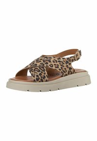 I sandali con stampa leopardata presentano un design a fascia incrociata, una soletta imbottita e una suola in gomma di colore chiaro con dettagli testurizzati.