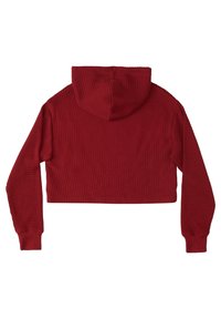 Haut de survêtement rouge court avec un motif en maille gaufrée, manches longues et capuche. Comprend des poignets et un ourlet côtelés pour un look ajusté.