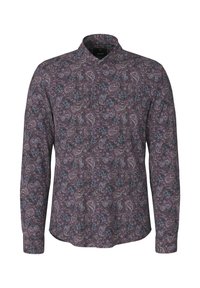 Langärmliges Hemd mit Knopfleiste und einem lila Paisley- und Blumenmuster, klassischem Kragen und geknöpften Manschetten.