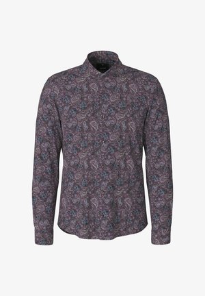 Langärmliges Hemd mit Knopfleiste und einem lila Paisley- und Blumenmuster, klassischem Kragen und geknöpften Manschetten.