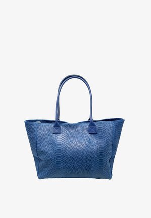 Sininen nahkainen olkalaukku, jossa on teksturoitu käärmeennahkakuosi. Varustettu kahdella tukevalla kahvalla ja tilavalla sisäosalla.