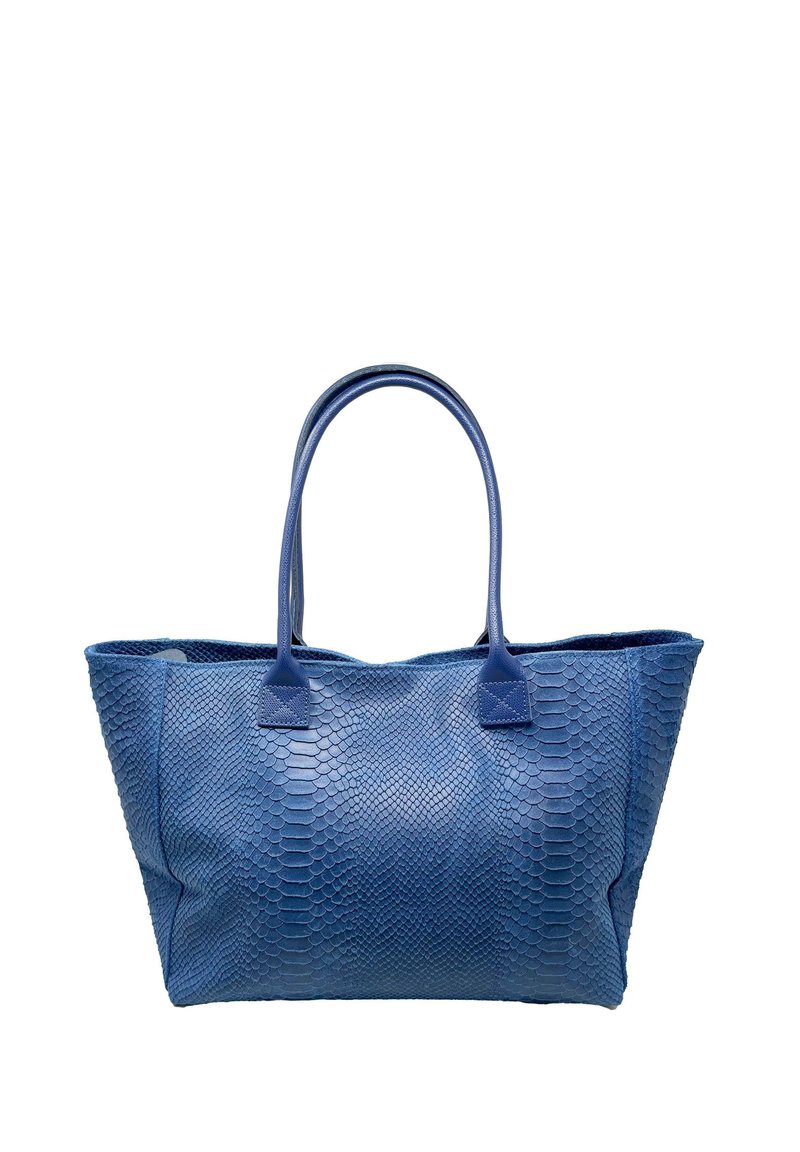 Modrá koženková taška přes rameno s texturou hadí kůže. Obsahuje dva pevné úchyty a prostorný interiér.