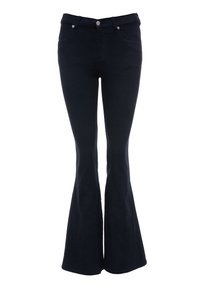 Pantalon noir évasé taille haute avec poches avant, bouton et fermeture éclair, présenté sur fond blanc.