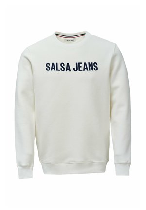 Sweat-shirt blanc à manches longues, avec "SALSA JEANS" imprimé en bleu marine sur la poitrine. Encolure et poignets côtelés. Texture douce.