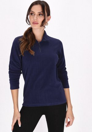 Dunkelblauer Fleece-Pullover mit halbseitigem Reißverschluss und langen Ärmeln, mit einer glatten Textur und lockerer Passform.