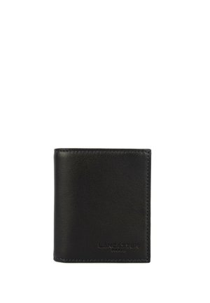 Portefeuille noir en cuir bi-fold avec coutures visibles et logo Lancaster Paris embossé en bas à droite.