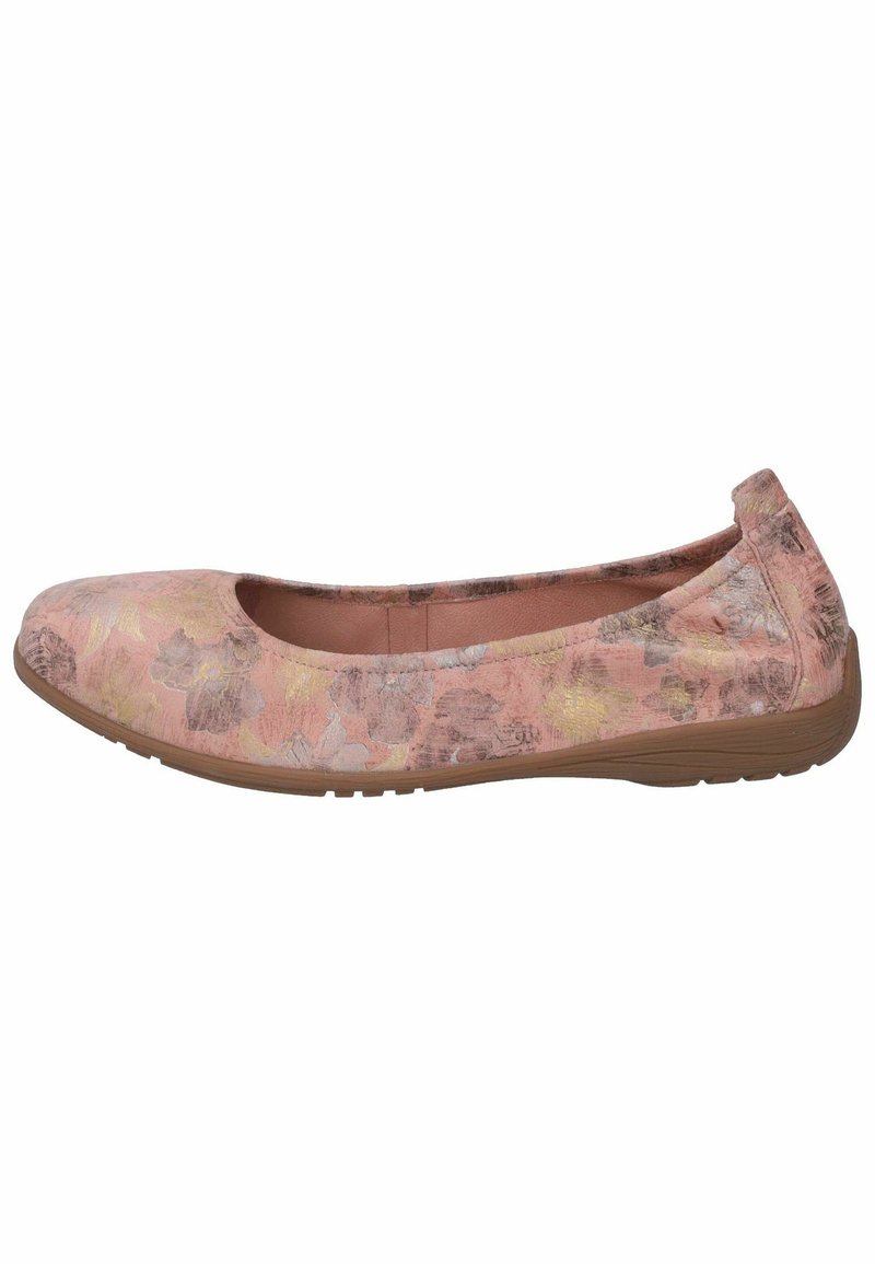 Bailarinas rosas con una parte superior de tela suave que presenta un patrón texturizado, punta redondeada y una suela de goma flexible.