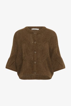 Cardigan en tricot marron flou avec des manches larges et cinq boutons marron sur le devant, présentant un col rond et une coupe courte.