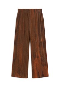 Bruine broek met brede pijpen en een geplooide textuur, met verticale strepen en een zachte afwerking. Elastische tailleband voor comfort.