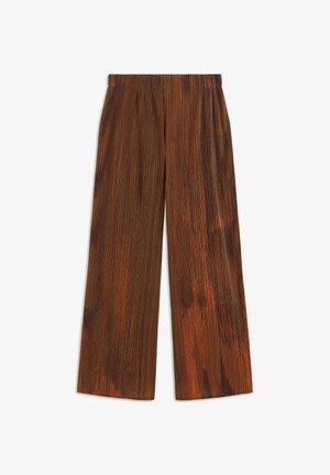 Pantalons marron à jambes larges avec une texture plissée, présentant des rayures verticales et une finition douce. Ceinture élastique pour plus de confort.