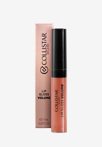 Collistar läppglans volym i transparent tub, mjuk persikofärg med shimmer, har svart kork och metallisk rosafärgad förpackning med kraftfull text.