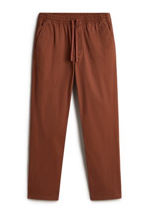Brown, lightweight pants with an elastic waistband and drawstring. Features two side pockets. Smooth texture, straight-leg design.