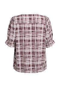 Blouse à manches courtes en motif tartan bordeaux et blanc. Présente une coupe décontractée et un tissu texturé avec un léger éclat.