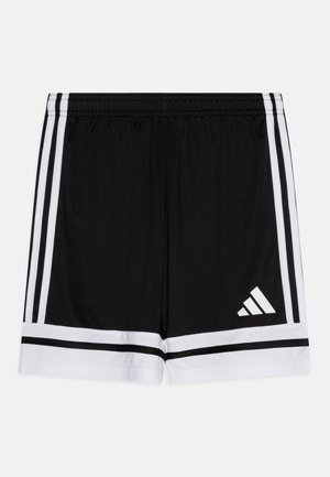 Black athletic shorts featuring a drawstring waistband, white accent stripes, and a printed logo in the lower right corner.