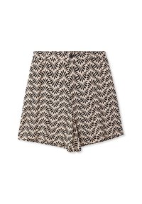 Shorts neri e beige con motivo a foglia, realizzati in materiale leggero, con parte anteriore piatta e cintura elastica.