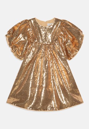 Gouden paillettenjurk met puffmouwen, een ronde halslijn en een gathering taille. Bevat glanzende, reflecterende pailletten die het hele oppervlak bedekken.