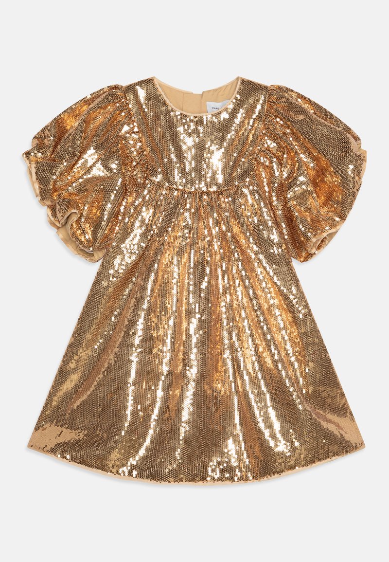 Abito d'oro in paillettes con maniche a sbuffo, scollatura rotonda e vita arricciata. Presenta paillettes lucenti e riflettenti che coprono tutta la superficie.