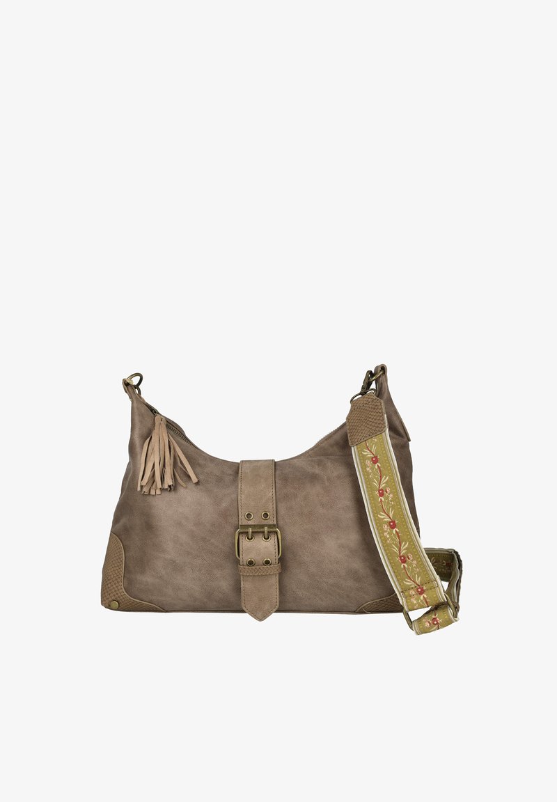 Bolso de ante marrón con una correa ancha, patrón floral decorativo, detalle de hebilla en la parte frontal y acento de borlas en el costado.