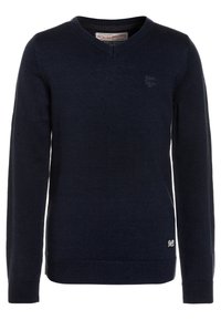 Dark navy blue V-neck long-sleeve knitted sweater with subtle embroidered logos on chest and near hem.