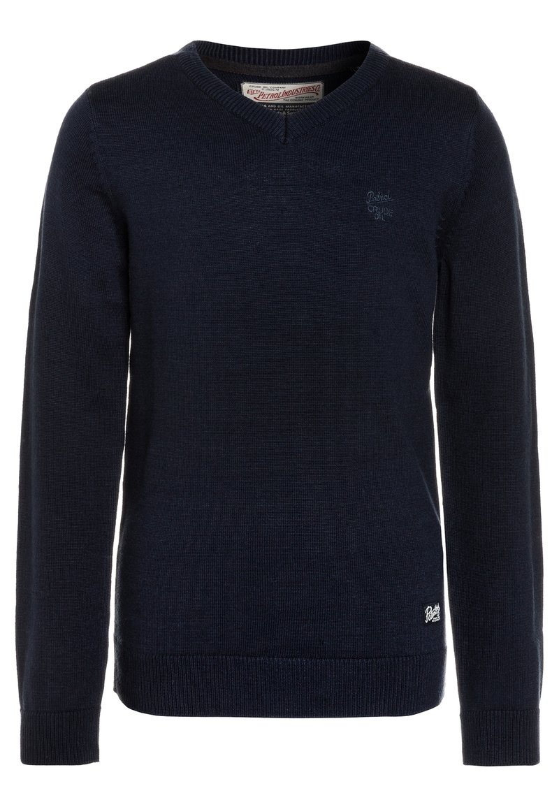 Dark navy blue V-neck long-sleeve knitted sweater with subtle embroidered logos on chest and near hem.