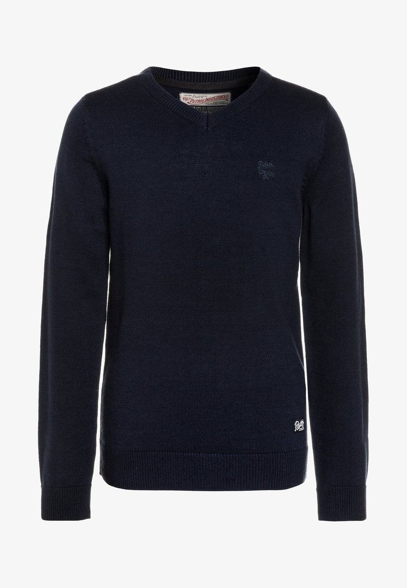 Dark navy blue V-neck long-sleeve knitted sweater with subtle embroidered logos on chest and near hem.