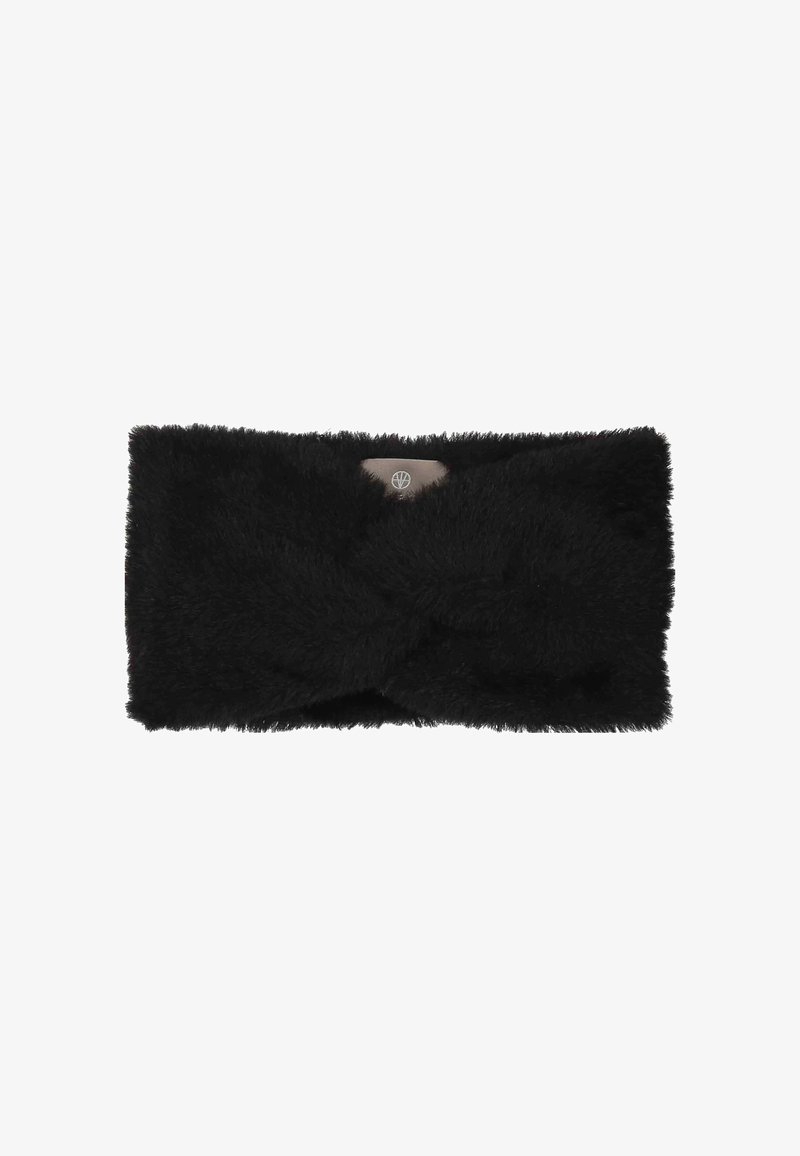 Bandeau en fausse fourrure noire avec un design en nœud torsadé et une petite étiquette de marque visible cousue à l'intérieur.