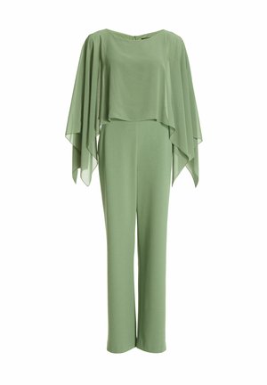 Groene jumpsuit met een vloeiende, cape-achtige top, wijde pijpen, een gladde stoftextuur en een boothals met een rits aan de achterkant.