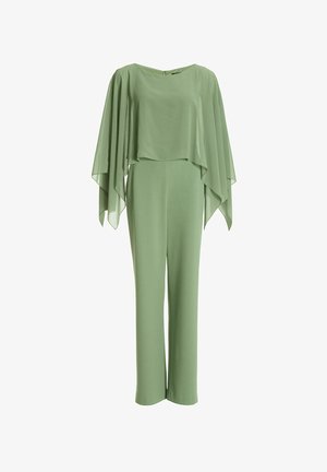 Groene jumpsuit met een vloeiende, cape-achtige top, wijde pijpen, een gladde stoftextuur en een boothals met een rits aan de achterkant.