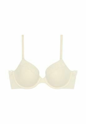 Sostén acolchado de color crema con tirantes delgados ajustables y soporte con aro, diseñado para uso diario.